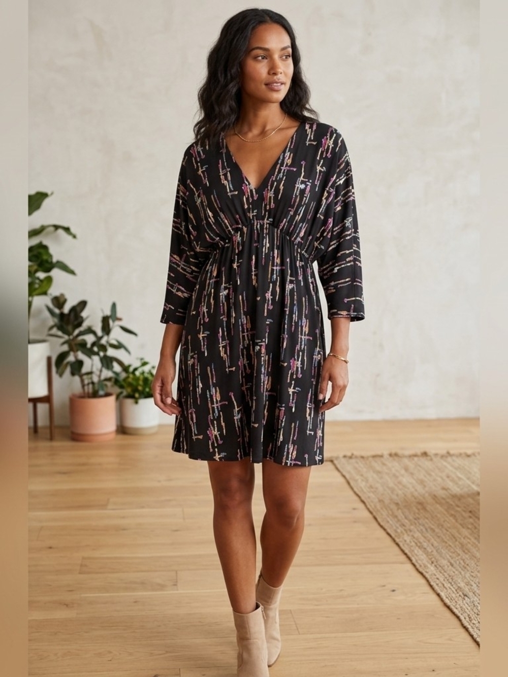 Black Dress with Colorful Abstract Drip Print and Gold Nameplate
